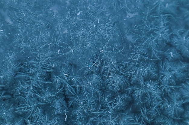 Холодный рисунок в синих тонах на стекле окна в зимний день