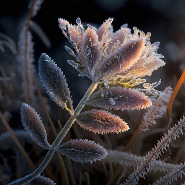 A frosty plant with the sun shining on it