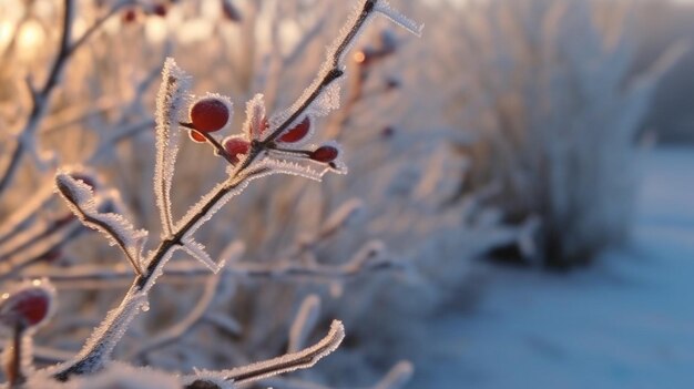 Frosty plants with red berries in the foreground