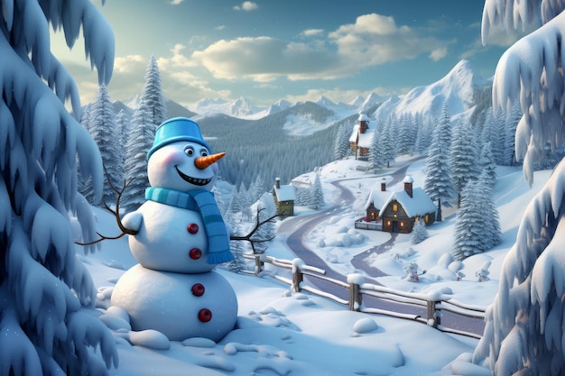 Снежный человек Фрости в зимней стране чудес, изображенной в искусстве, сгенерированной ИИ