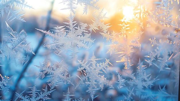 Frosty venstervenster met prachtige ijskristallen in het zonlicht