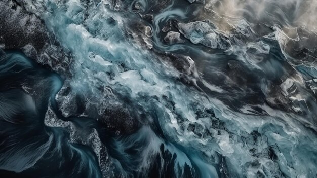 上空から見た冷ややかな水路 アイスランドの氷の塊から流れ出る小川の幻想的な写真 AI 生成