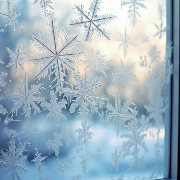 複雑な雪の結晶がガラスに張り付いた冷ややかな窓ガラス