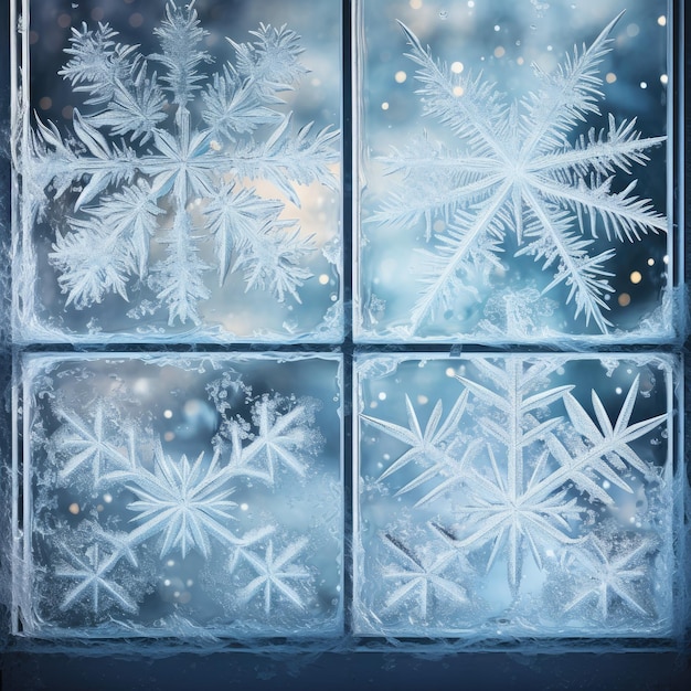 A frosty window pane with intricate snowflakes clinging to the glass