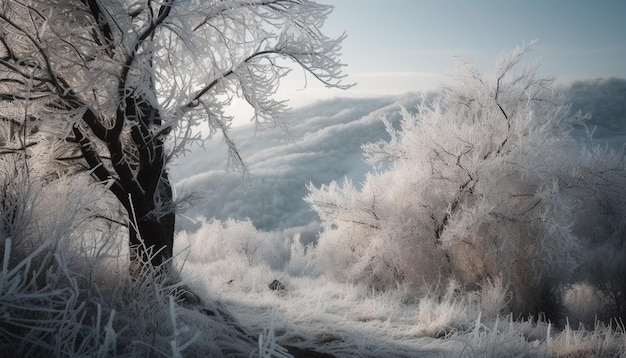 The frosty winter forest a tranquil scene of frozen beauty generated by AI
