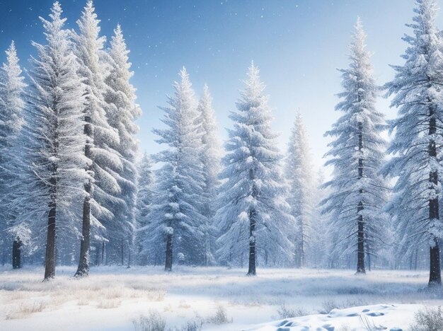 Frosty winter landscape in snowy forest with fir trees background of winter