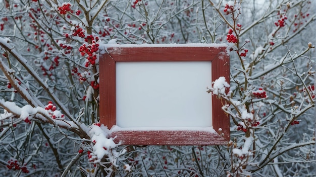 Frosty winter landscape with a blank wooden sign and red berries