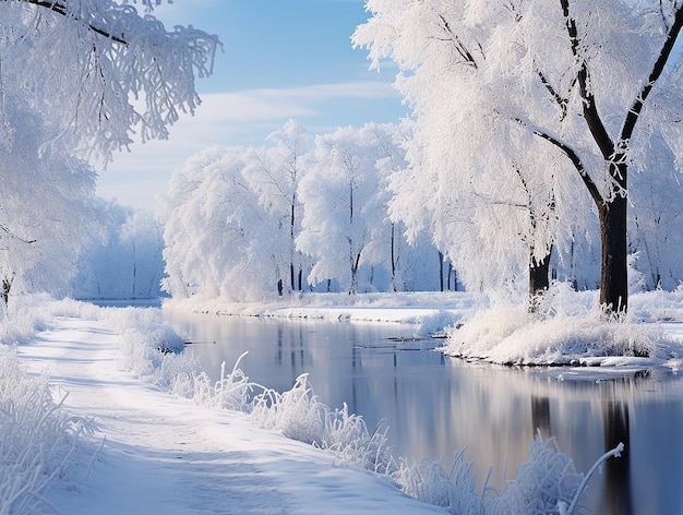 frosty winter landscape with frosty trees and river idillic landscape