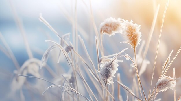 寒い天候の背景にある畑の凍った草のような寒い冬の朝のシーン 生成的AI