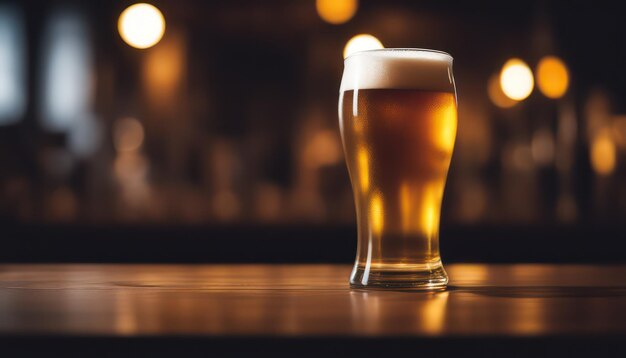 Frothy beer glass on bar counter