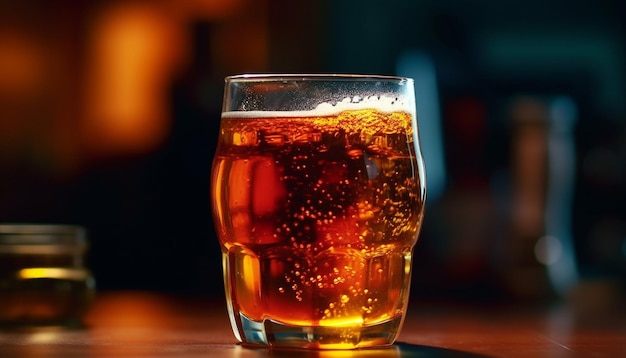 AI によって生成された木製のバー カウンターの泡立ったビール グラス