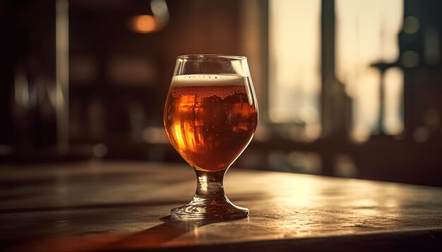 Frothy beer glass on wooden table at pub generated by AI