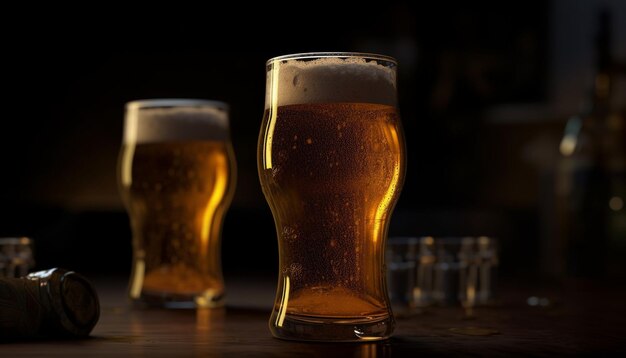 人工知能によって生成された濡れたバーカウンター上の金色のパイントグラスに入った泡状のビール