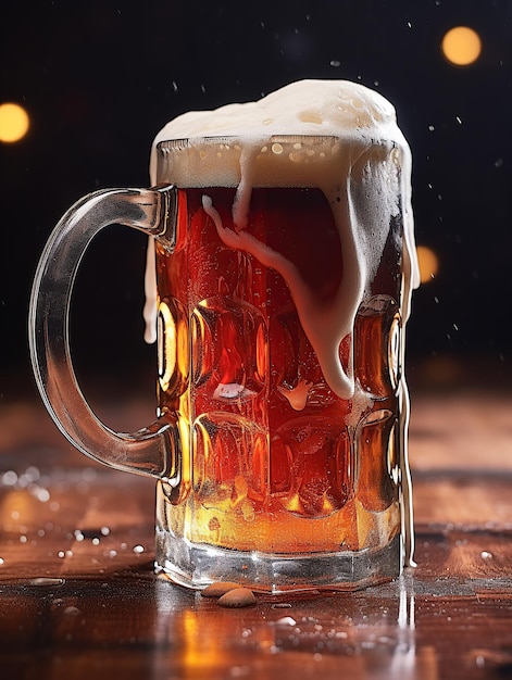 A frothy beer mug placed on a table