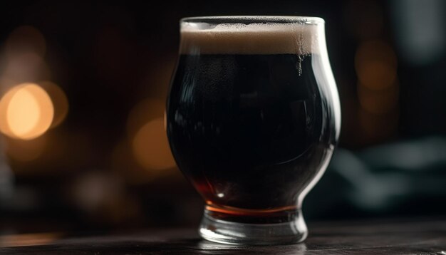 Foto birra schiumosa in bicchiere da pinta sul bancone del bar in legno al pub generato dall'intelligenza artificiale