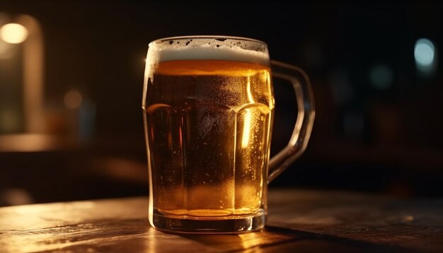 Frothy beer in pint glass on wooden table generated by AI