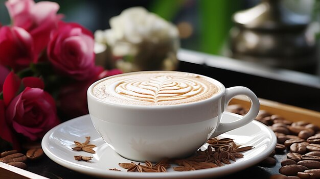 Frothy cappuccino on elegant wooden coffee table