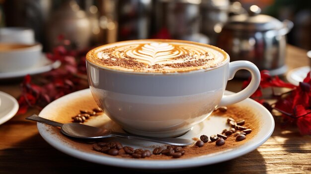 Frothy cappuccino on elegant wooden coffee table