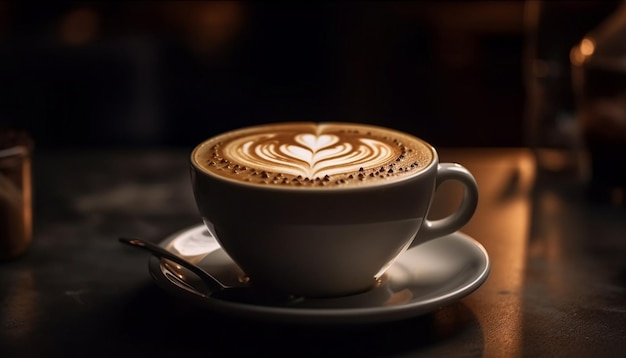 Frothy coffee cup on wood table heart shaped foam art generated by AI