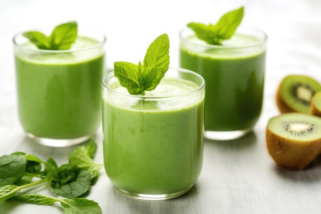 Frothy green smoothie in a glass with kiwi slices