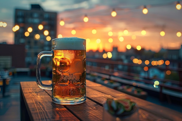 Photo frothy lager in a glass tankard at a rooftop beer soire