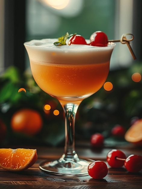 Foto whisky sour schiumoso con guarnizione di ciliegie e sfondo arancione