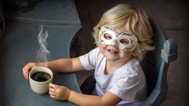 Photo a frotn view blonde kid adorable sweet cute in white t shirt and funny mask holding cup of coffee o