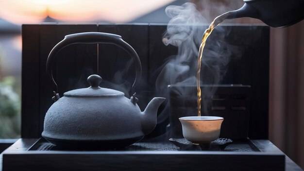 Photo frotn view kettle with tea pouring into cup on the dark surface tea ceremony morning