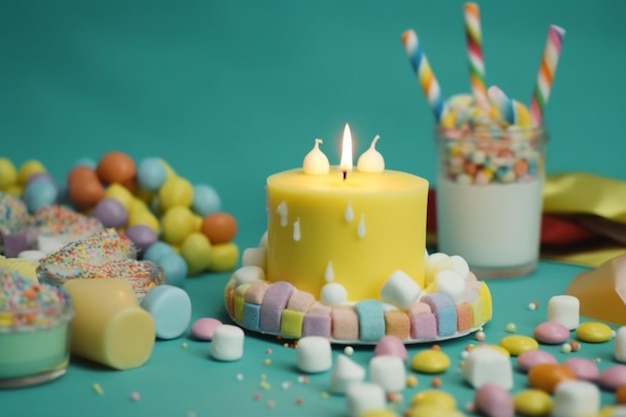 Photo a frotn view marshmallows and candies along with birthday cap cake with candle on yellow desk candy color birthday