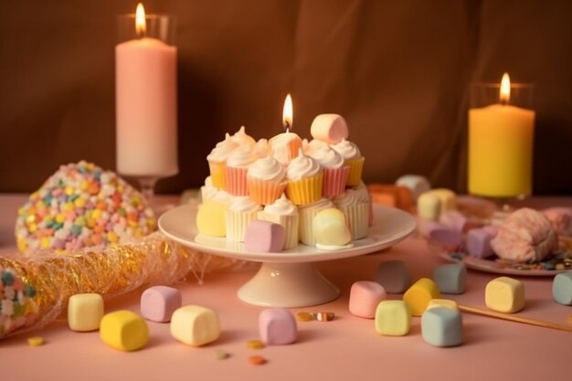 Photo a frotn view marshmallows and candies along with birthday cap cake with candle on yellow desk candy color birthday