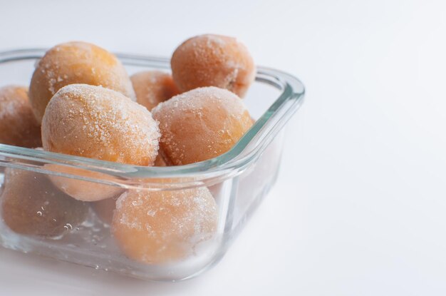 frozen apricots in glass dish