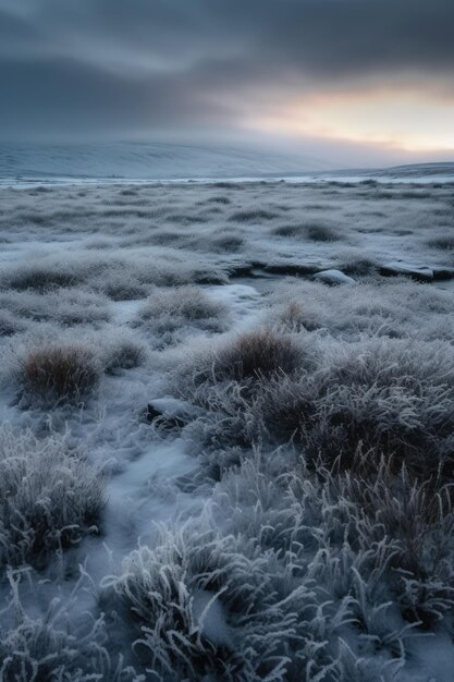 Photo frozen arctic tundra landscape with clouds and snow created using generative ai technology