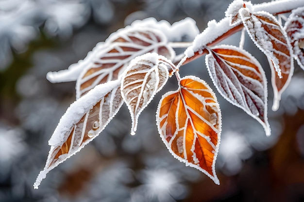 Frozen autumn foliage closeup Frost on the leaves