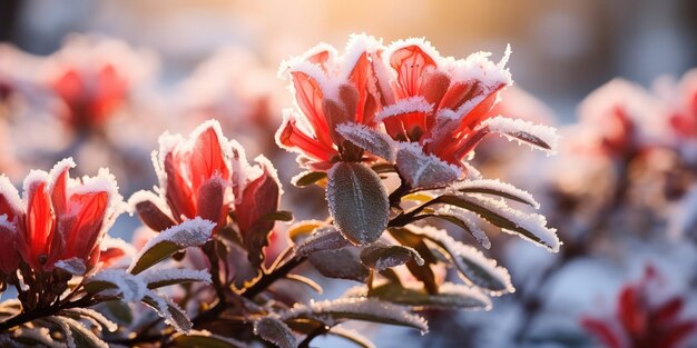 Frozen azalea with red leaves