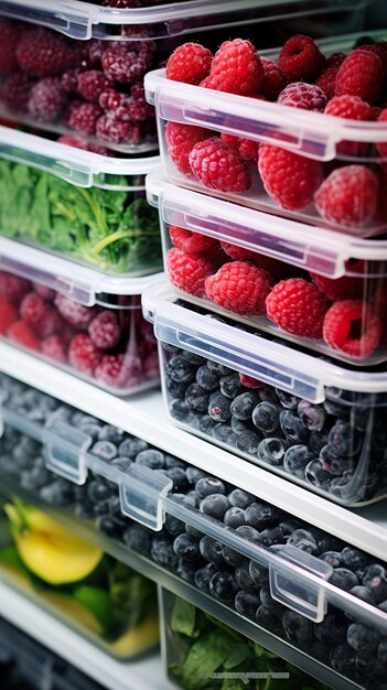 Frozen berries and healthy vegetables stored in reusable box