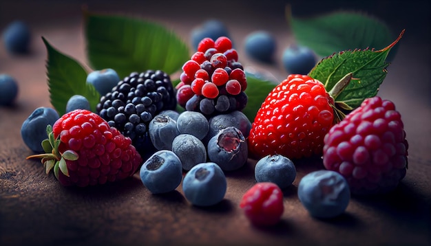 Frozen berries on ice Selective focus Shallow depth of field Tonedgenerative ai