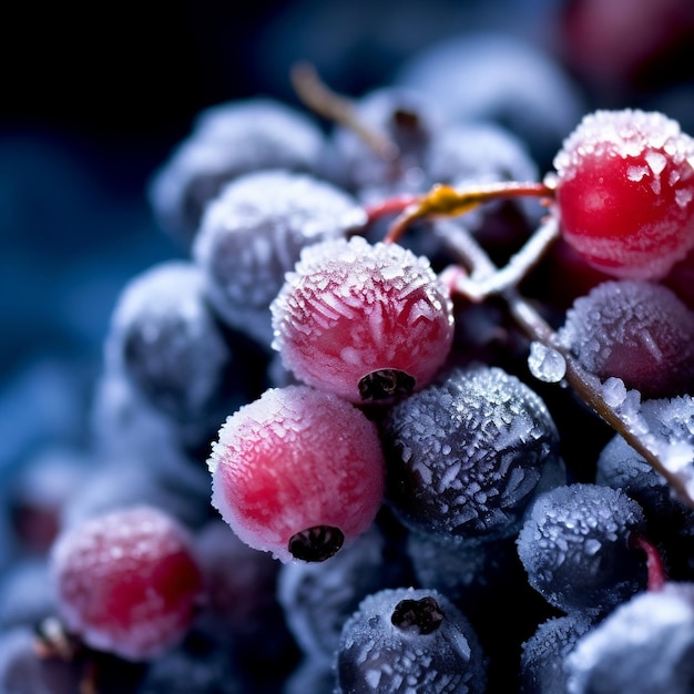 Замороженные ягоды на льду с генеративным искусственным интеллектом выборочного фокуса