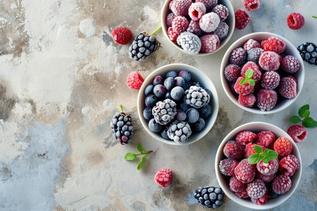 Frozen berries in small bowls on concrete background