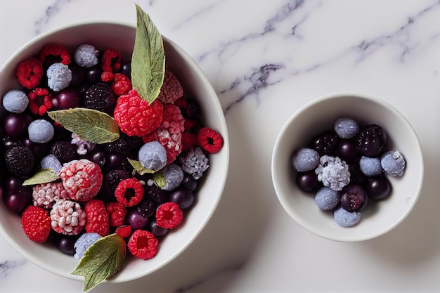 Frozen berries in white bowl on grey white background