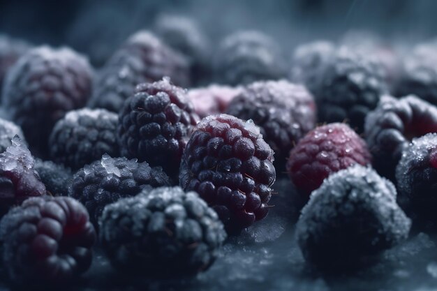 Frozen blackberries in the freezer closeup Ai Generative