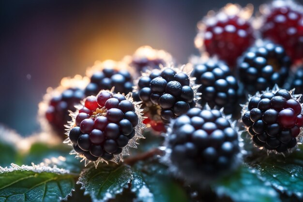 写真 冷凍 blackberry のぼやけた背景にベリーのみに焦点を当てる