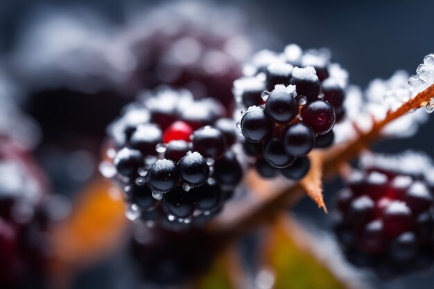 写真 冷凍 blackberry のぼやけた背景にベリーのみに焦点を当てる