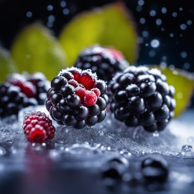 Frozen BlackBerry focus on only berries blurry background