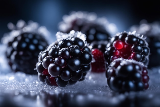 Photo frozen blackberry focus on only berries blurry background