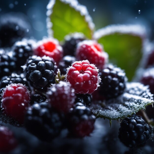 Frozen BlackBerry focus on only berries blurry background