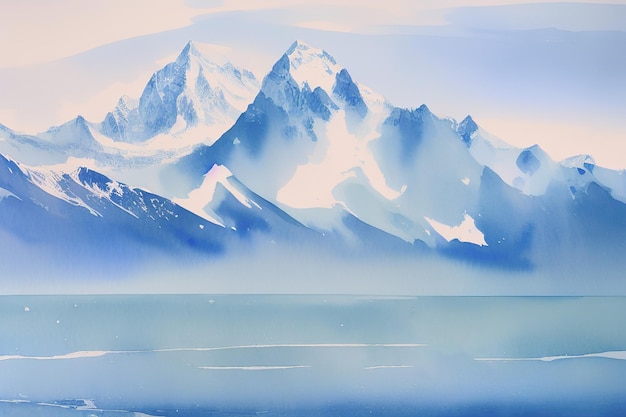 A frozen block of an iceberg that breaks off the shelf drifts in the ocean watercolor Generative AI