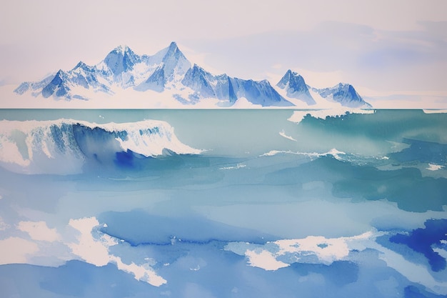 A frozen block of an iceberg that breaks off the shelf drifts in the ocean watercolor illustration