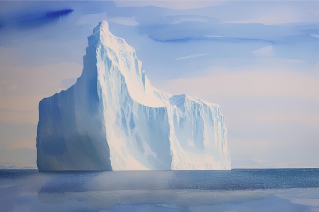 A frozen block of an iceberg that breaks off the shelf drifts in the ocean watercolor illustration