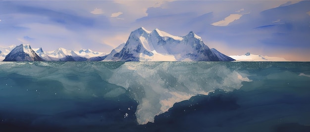 A frozen block of an iceberg that breaks off the shelf drifts in the ocean watercolor illustration