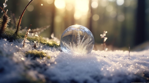 Frozen bubble with a beautiful pattern on the snow closeup on a blurry background wintertime